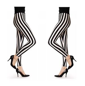 Womens Ladies Black+ White Vertical  Stripe Print Full Length  Leggings UK 8-16