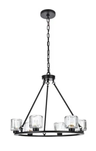 Dining Room Chandelier Farmhouse 6 Light Fixture Black Lighting Glass Shades 26" - Picture 1 of 8