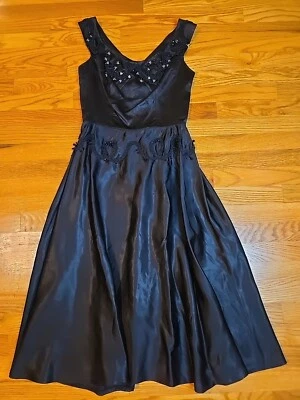 Vestido de festa vintage década de 1950 MISS CANE Nova York preto cetim sedoso saia completa - Imagem 1 de 4