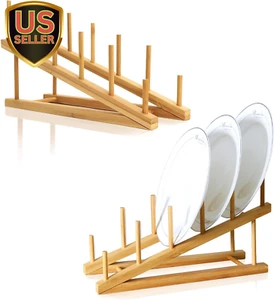2 PCS Wooden Dish Rack Bamboo Drying Rack Stand Pot Lid Holder Kitchen Cabinet O - Picture 1 of 6