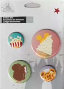 SNACKS FAVORITOS DE LOS PARQUES DE DISNEY Juego de 4 Botones en Tarjeta -Dole Whip, Palomitas de Maíz, ¡Más! - Imagen 1 de 2