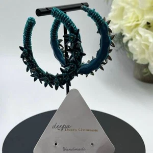 Deepa Gurnani Signed Handmade Green Beaded Floral Hoop Earrings Leather Back USA - Picture 1 of 8