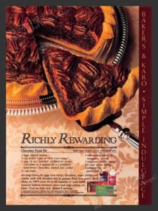 Baker's & Karo "Chocolate Pecan Pie" Recipe 1980s Print Advertisement Ad 1988 - Picture 1 of 1