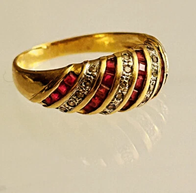 18k Yellow Gold Ruby and Diamond Domed Ring Uk N1/2 US Size 7 - Image 1 of 2