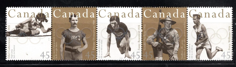 Estampilla de Canadá Scott #1612a, 45c, medallistas de oro olímpicos, tira de 5, MNH SCV $5,50 Foto 1 de 1