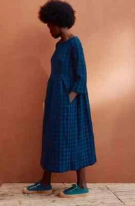 Toast Gingham Crinkle Cotton Dress Size Small Blue Check Midi Sleeves Boat Neck - Picture 1 of 21