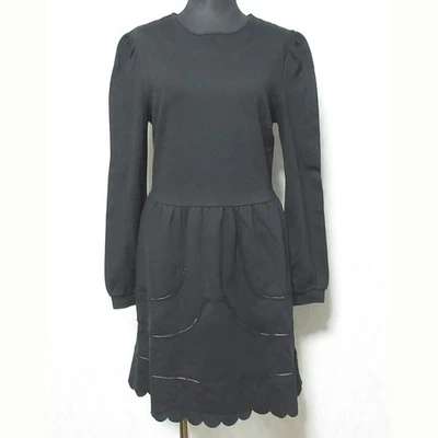 RED VALENTINO Scalloped Hem Long Sleeve Knee Length Dress M Black Women USED - Image 1 of 4