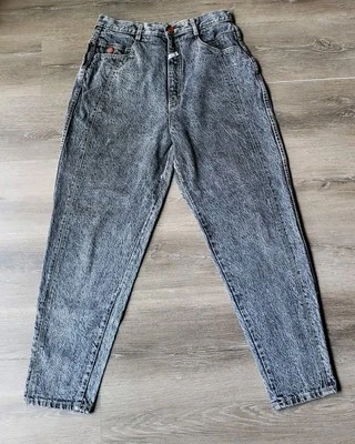 Pantalones de mezclilla cónicos de colección años 80 Gitano negro lavado ácido talla 14 FUNCIONA PEQUEÑO 27"W DESGASTADO Foto 1 de 4