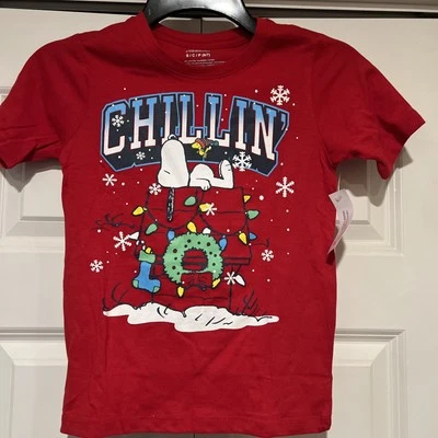 NWT Peanuts Snoopy Christmas CHILLIN  Shirt Boys Girls Size XL 14/16 Red Cotton - Image 1 of 3