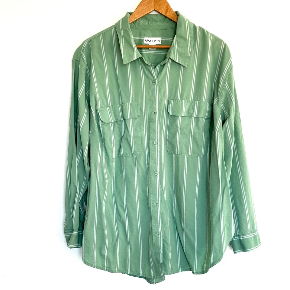 Camisa para mujer AVA & VIV 1x verde blanco a rayas manga larga bolsillos abotonados Top Foto 1 de 4