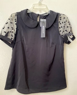 NWT Allegra K Woman’s Black Blouse Size Small Sheer Polka dot Sleeves - Image 1 of 4