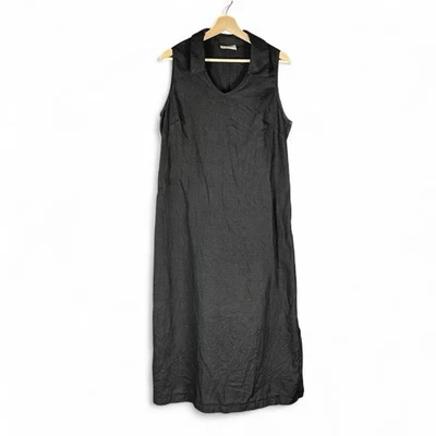 VTG Women's L/XL Black Linen Maxi Dress Collared Boho Mother of Pearl Minimalist - Image 1 of 4