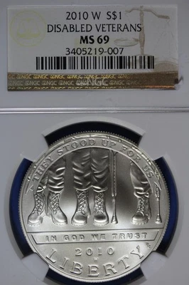 2010 W NGC PF69ULTRA CAMEO DISABLED VETERERAN COMMEMORATIVE SILVER DOLLAR#B51105 - Image 1 of 2