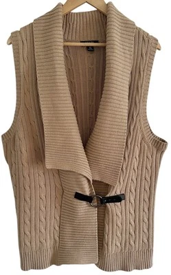 Chaps Cable Knit Long Sweater Vest Cardigan Camel Tan Buckle 100% Cotton Sz XL - Image 1 of 4