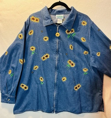 Quacker Factory Denim Embroidered Sunflowers & Bees Zip Up Jean Jacket Size 3X - Image 1 of 4