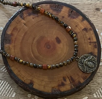 New Boho Tigers Eye, Red Jasper & Bronze Beaded Necklace With Bronze Bee Pendant - Image 1 of 4