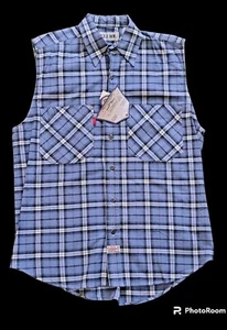 Vintage NWT Bugle Boy Blue Plaid Sleeveless Shirt Medium M Hunk Gold Crest - Picture 1 of 6