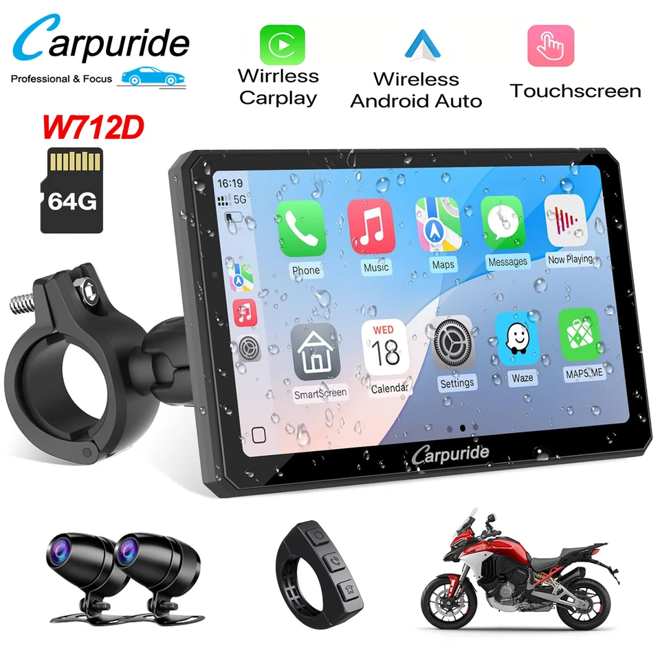 Carpuride W712D Wireless Moto Stereo Carplay Android Auto Waterproof Touchscreen - Image 1 of 4