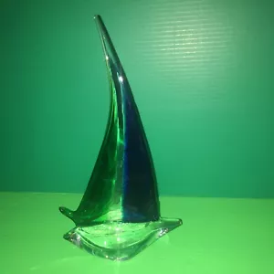 Barca a vela vintage in vetro artistico di Murano tema oceano nautico blu verde trasparente - Foto 1 di 12