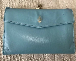 Vintage Amity Light Blue Leather Clutch Purse Kiss Lock Wallet - Picture 1 of 9