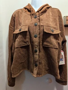 Ci Sono Women's Medium Cognac Corduroy Cropped Button Up Hooded Shirt NWT - Picture 1 of 12