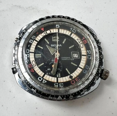 Sicura Computer Chrono Watch Vintage Men's 17 Jewels Black Dial To Restore - Image 1 of 4