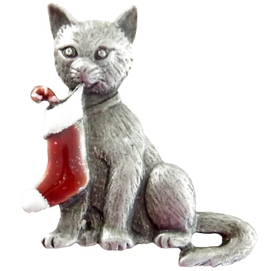 NWOT VTG-INSPIRED CAT w/ CHRISTMAS STOCKING IN MOUTH PEWTER PENDANT BROOCH COMBO - Image 1 of 4
