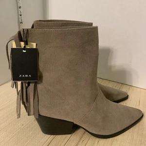 NWT Zara Woman's Leather/Suede Taupe Tall Ankle Boots  Size 10 US - Picture 1 of 14
