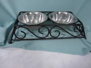 Metal Framed Double Cat Dog Bowls Pet Feeding Station Stainless bowls Sturdy - Picture 1 of 3