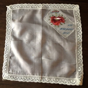 Antique/VTG Ladies Pink Silk Hankie Embroidered Red Floral MY DEAREST ONE Lace - Picture 1 of 5