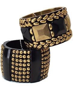 Vintage Large Bracelet Set/Gold Stud on Black Resin/Black & Gold on Brass