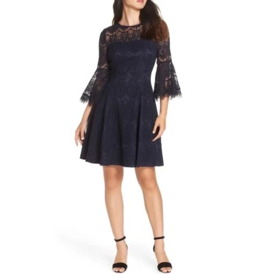 Eliza J Navy Lace Bell Sleeve Fit & Flare Mini Dress Size 0 Petite - Image 1 of 4