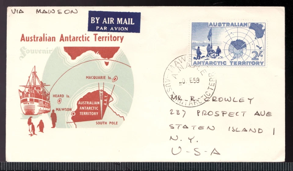 Cubierta 1959. Territorio Antártico Australiano, Base Mawson a Nueva York. Sc# L4 Foto 1 de 1