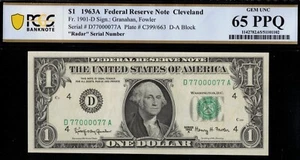 1963A $1 FRN D77000077A RADAR P.C.G.S #65PPQ - Picture 1 of 3