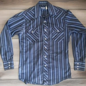 Vintage Wrangler Western Hemd Herren Gr. M Blau Perlen Druckknopf Langarm Gestreift - Bild 1 von 4