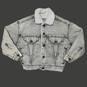Vintage 80s Black Faded Denim Sherpa Lined Jean Jacket Kids S￼ - Picture 1 of 14