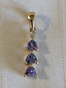 Tanzanite 3 trillion triangle stones 10K yellow gold pendant accent diamond - Picture 1 of 4