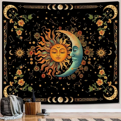 Tapiz Sol y Luna Astrología Espacio Colgante de Pared Boho Hippie Floral Planta Cinta Foto 1 de 4