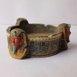 Egyptian Pharaoh Ashtray – Vintage Handmade Decor with Hieroglyphs & Faces - Picture 1 of 10