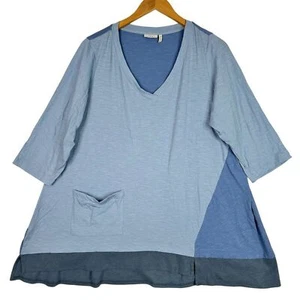 LOGO by Lori Goldstein Tunic Top 1XP Blue Colorblock 3/4 Sleeve Beachy Stretchy - Picture 1 of 12