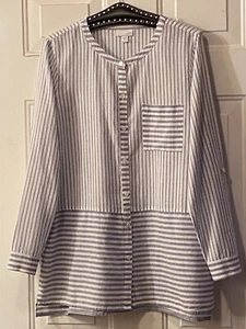 J.Jill Womens Sz M Button Up Tunic Roll Up Long Sleeve Gray/White Striped Cotton - Picture 1 of 10