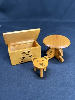 Town Square Miniatures Doll House Bear Table, Stools, Toy Chest, Nightstand - Image 1 of 4