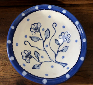 Fired Up Ceramics New Delft Handmade Pottery Bowl Blue & White Floral 7-5/8" USA