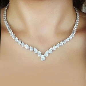 40Ct Pear Lab Created Diamond Tennis Necklace In 14k White Gold Plated Silver - Picture 1 of 3