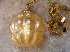 Vintage MCM Swag Light Pendant Crackle Glass Ball  Gold Finish Metal Refurbished - Picture 1 of 10