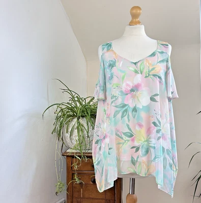 Roman Floaty Top Size 10 Green Pink Floral Cold Shoulder Feminine Chiffon - Image 1 of 4