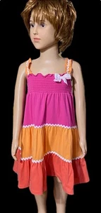 MAGGIE & ZOE SZ4 GIRLS SMOCKED~3 TIERED COLORFUL DRESS RUFFLED SLEEVES ~BOW - Picture 1 of 8