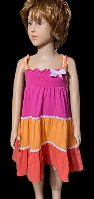 MAGGIE & ZOE SZ4 GIRLS SMOCKED~3 TIERED COLORFUL DRESS RUFFLED SLEEVES ~BOW - Image 1 of 4