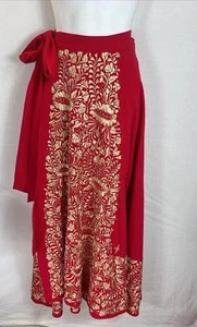 Mi Golondrina Red Gold wrap Maxi skirt one size SM-XL heavily Embroidered Mexico - Picture 1 of 9