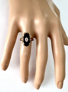 10K Yellow Gold Black Onyx Diamond Ring Art Deco Classic Oval Vintage Sz 6.5 - Picture 1 of 13